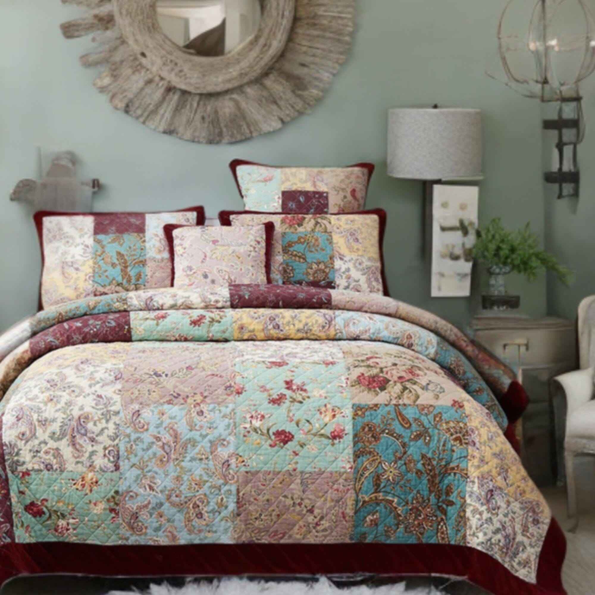 DaDa Bedding Bohemian Burgundy Red Velvet Trim Floral Paisley Patchwork Cotton Bedspreadd Set (JHW-868)